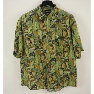 Vintage Bentham 100% Silk Satin Abstract Geometric Button Up Shirt Mens XL Green